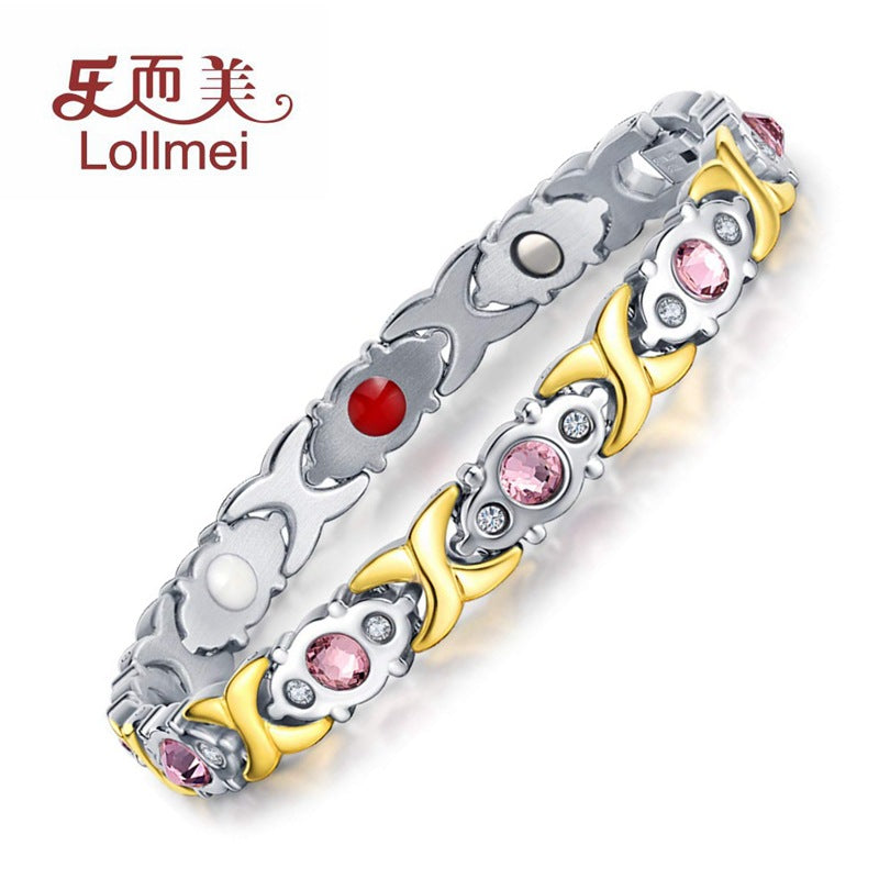 Fashion ladies stainless steel diamond-encrusted crystal germanium stone health magnet bracelet titanium steel magnetic bracelet does not fade
