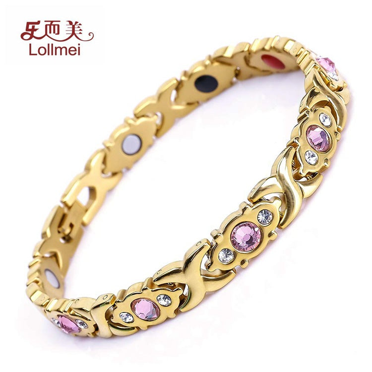 Fashion ladies stainless steel diamond-encrusted crystal germanium stone health magnet bracelet titanium steel magnetic bracelet does not fade