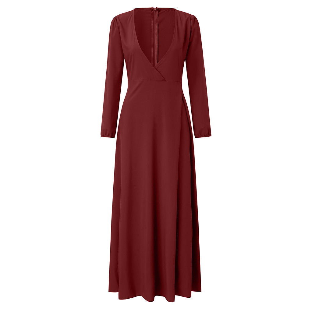 🌸V-Ausschnitt Langarm-Schwingkleid – Schmale Passform, Bindegürtel, Mehrfarbig