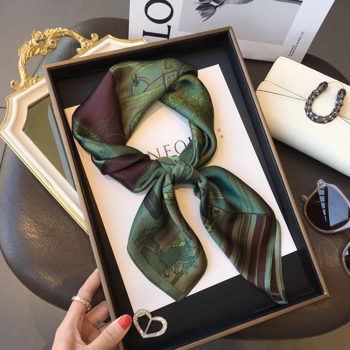 2025 autumn female cashew flower small square silk scarf / High-end neckband accessories & decoration