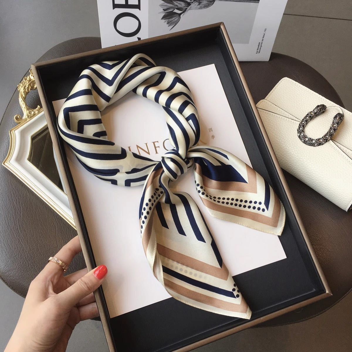 2025 autumn female cashew flower small square silk scarf / High-end neckband accessories & decoration