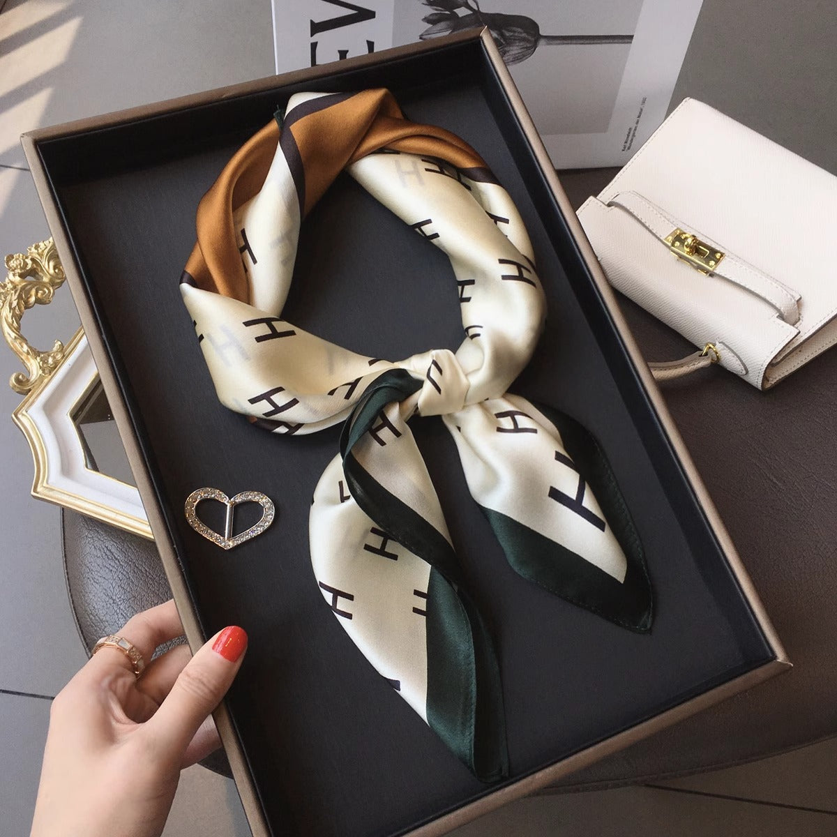 2025 autumn female cashew flower small square silk scarf / High-end neckband accessories & decoration