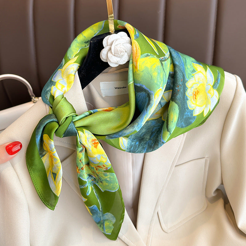 2025 autumn female cashew flower small square silk scarf / High-end neckband accessories & decoration