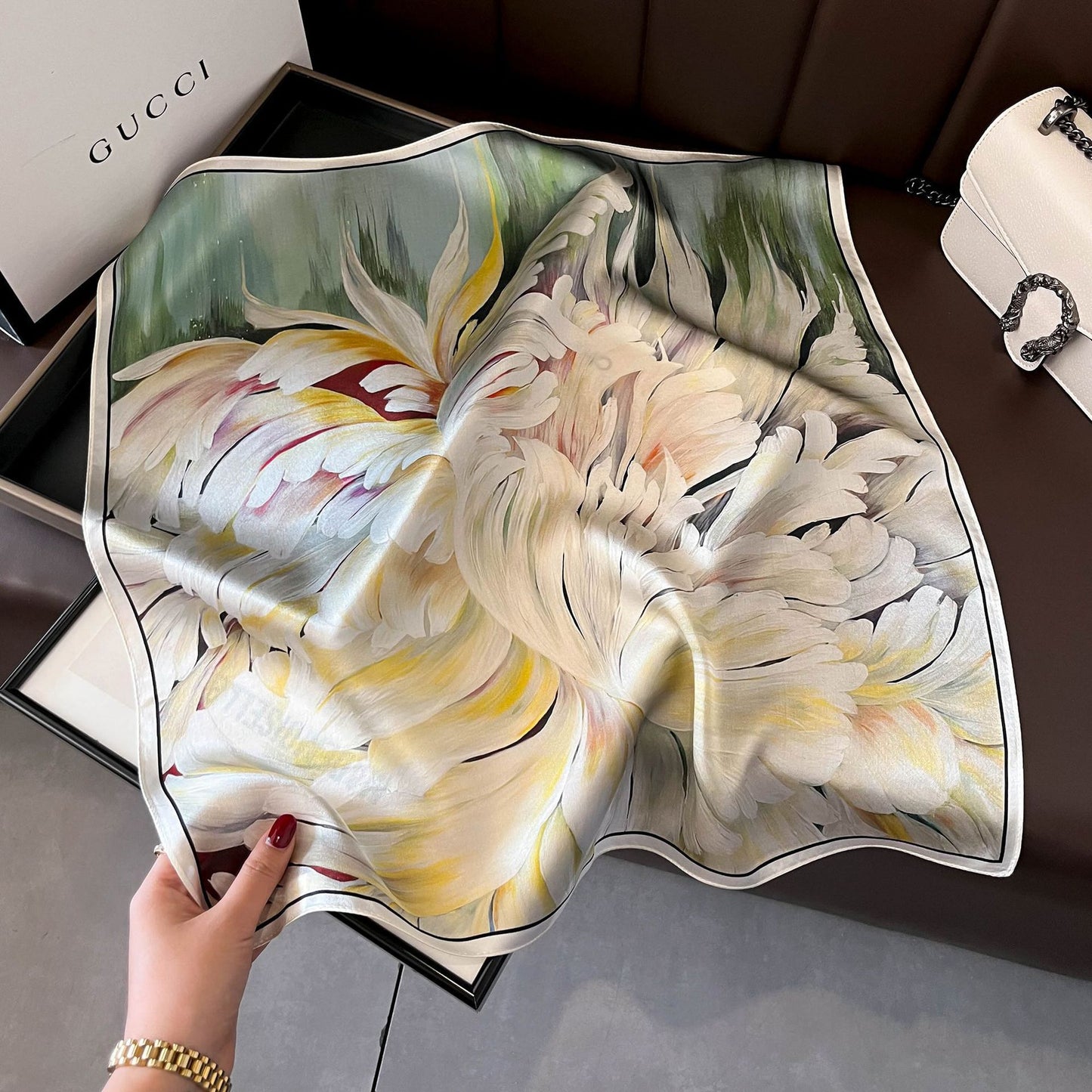 2025 autumn female cashew flower small square silk scarf / High-end neckband accessories & decoration