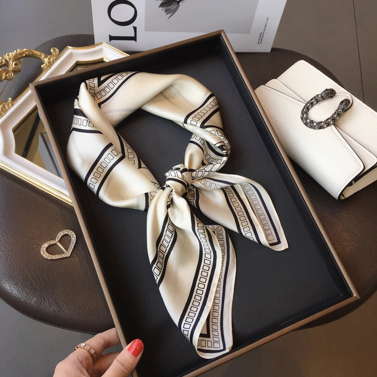 2025 autumn female cashew flower small square silk scarf / High-end neckband accessories & decoration