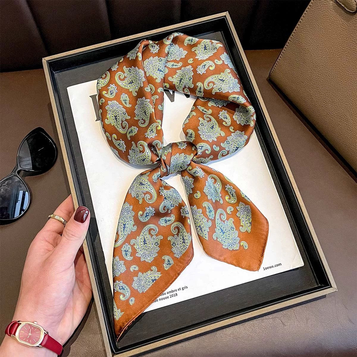 2025 autumn female cashew flower small square silk scarf / High-end neckband accessories & decoration