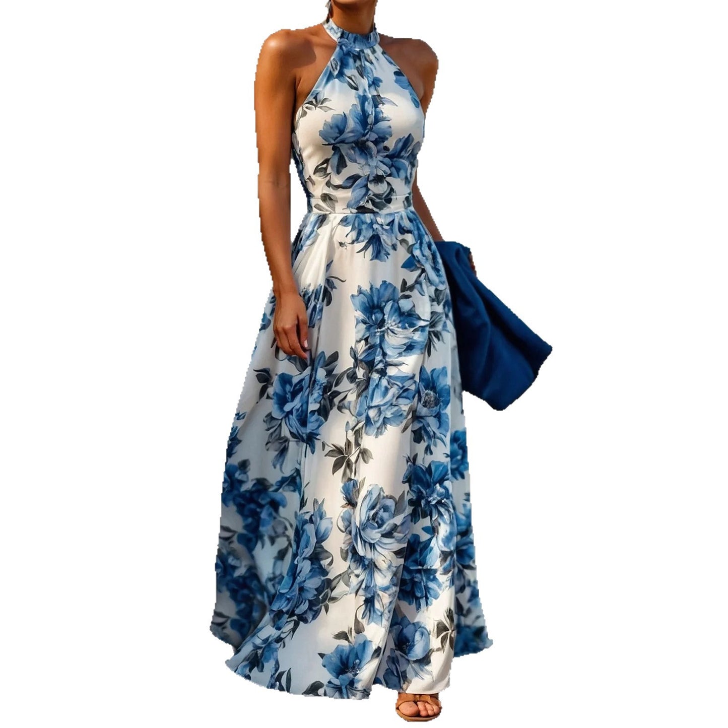 👗Summer Floral Halter Neck Beach Dress – High Waist, Slimming, Sleeveless