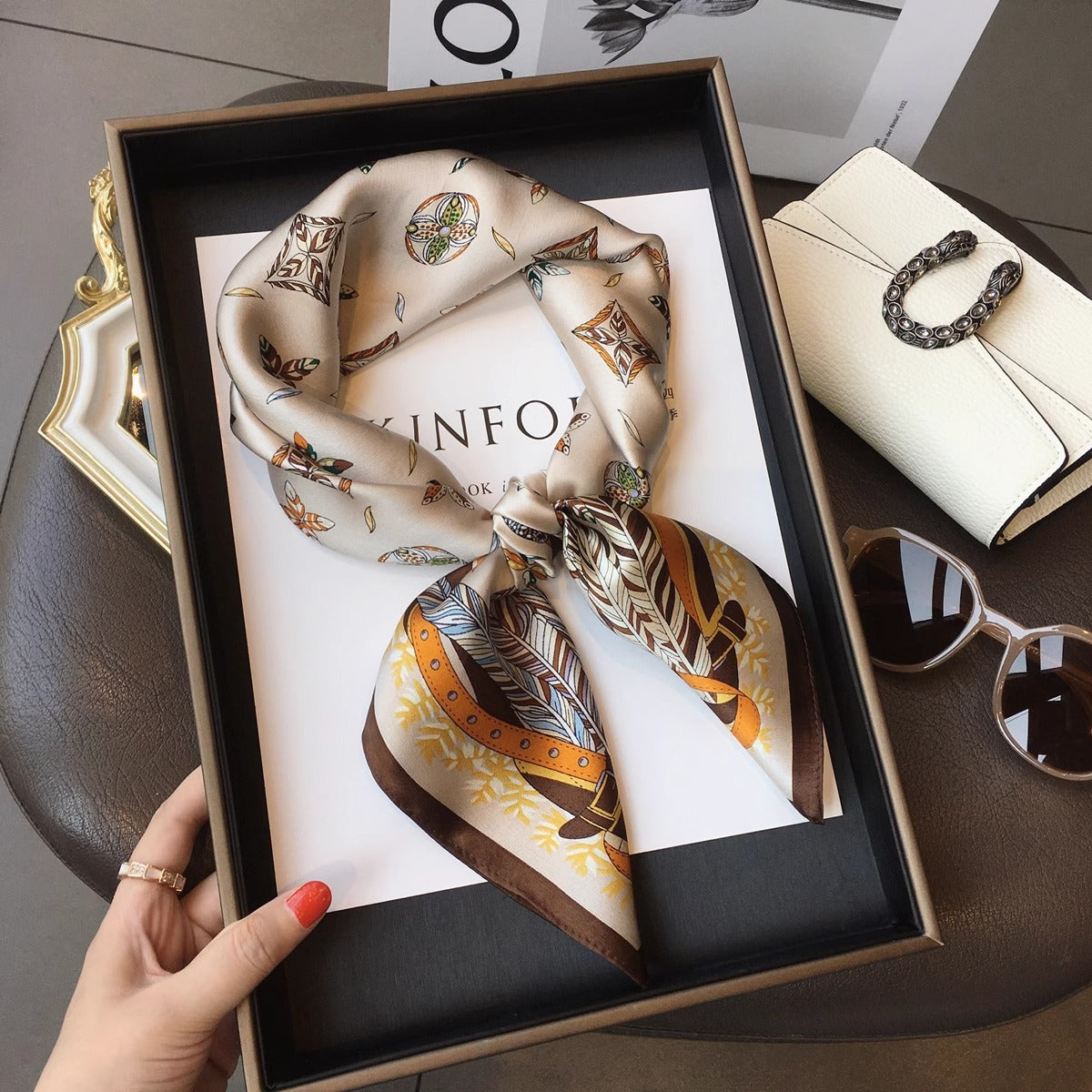 2025 autumn female cashew flower small square silk scarf / High-end neckband accessories & decoration