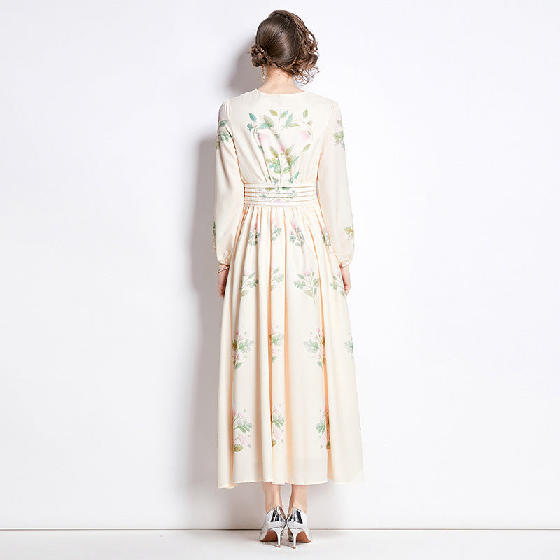 Damenkleid mit Retro-Print, langärmelig, schmal geschnitten