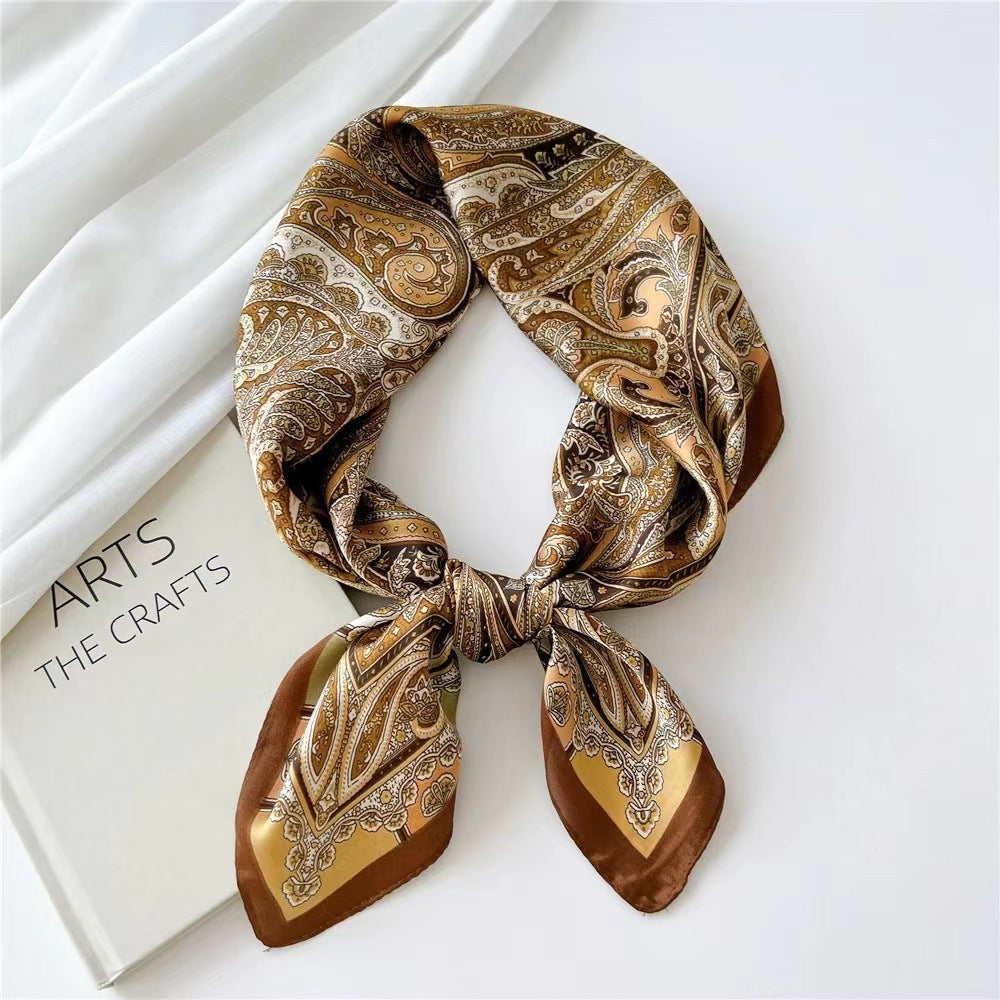 2025 autumn female cashew flower small square silk scarf / High-end neckband accessories & decoration