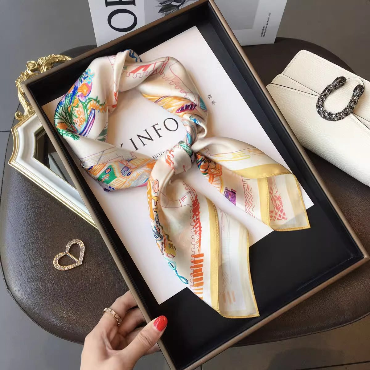 2025 autumn female cashew flower small square silk scarf / High-end neckband accessories & decoration