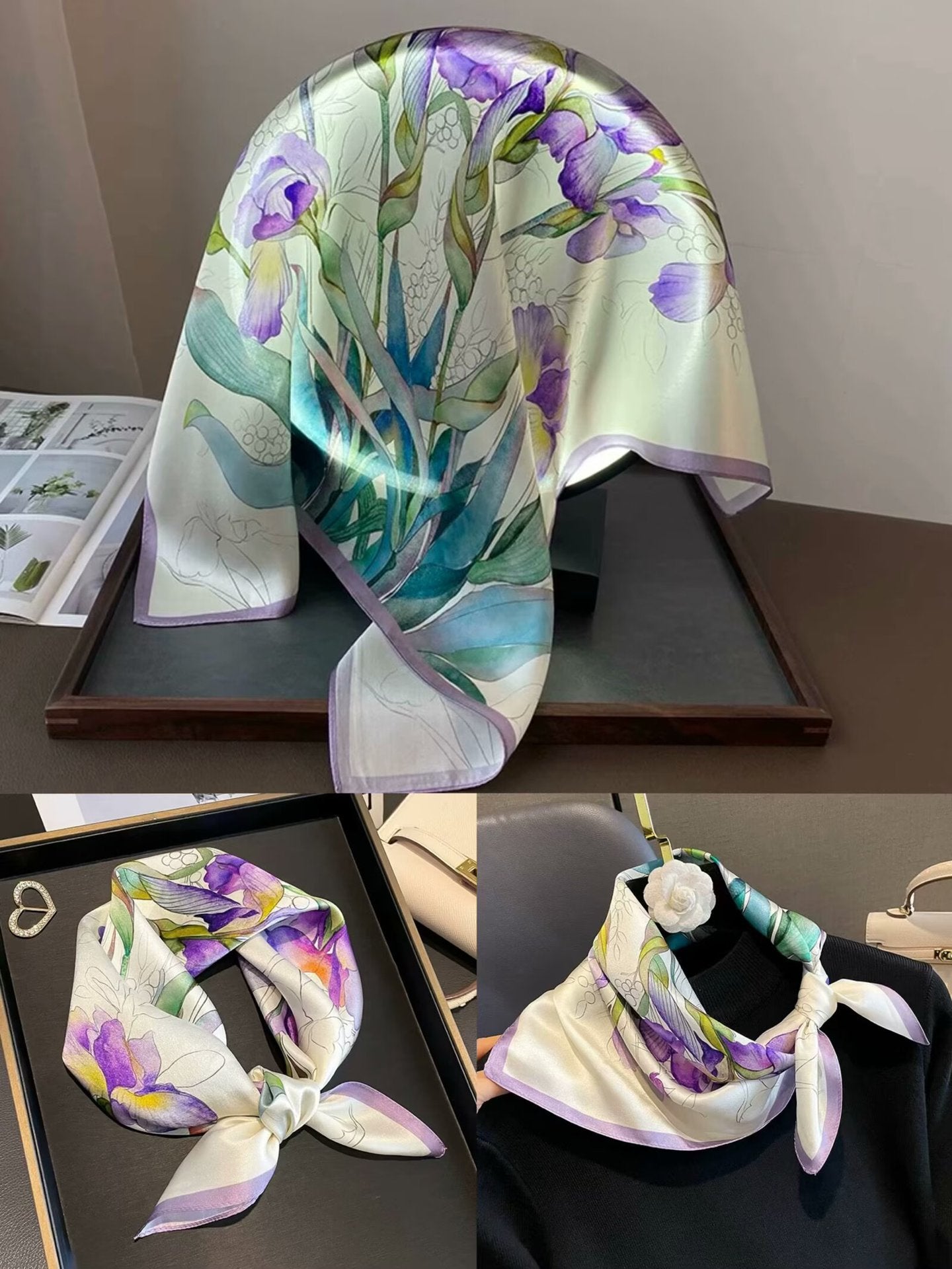 2025 autumn female cashew flower small square silk scarf / High-end neckband accessories & decoration