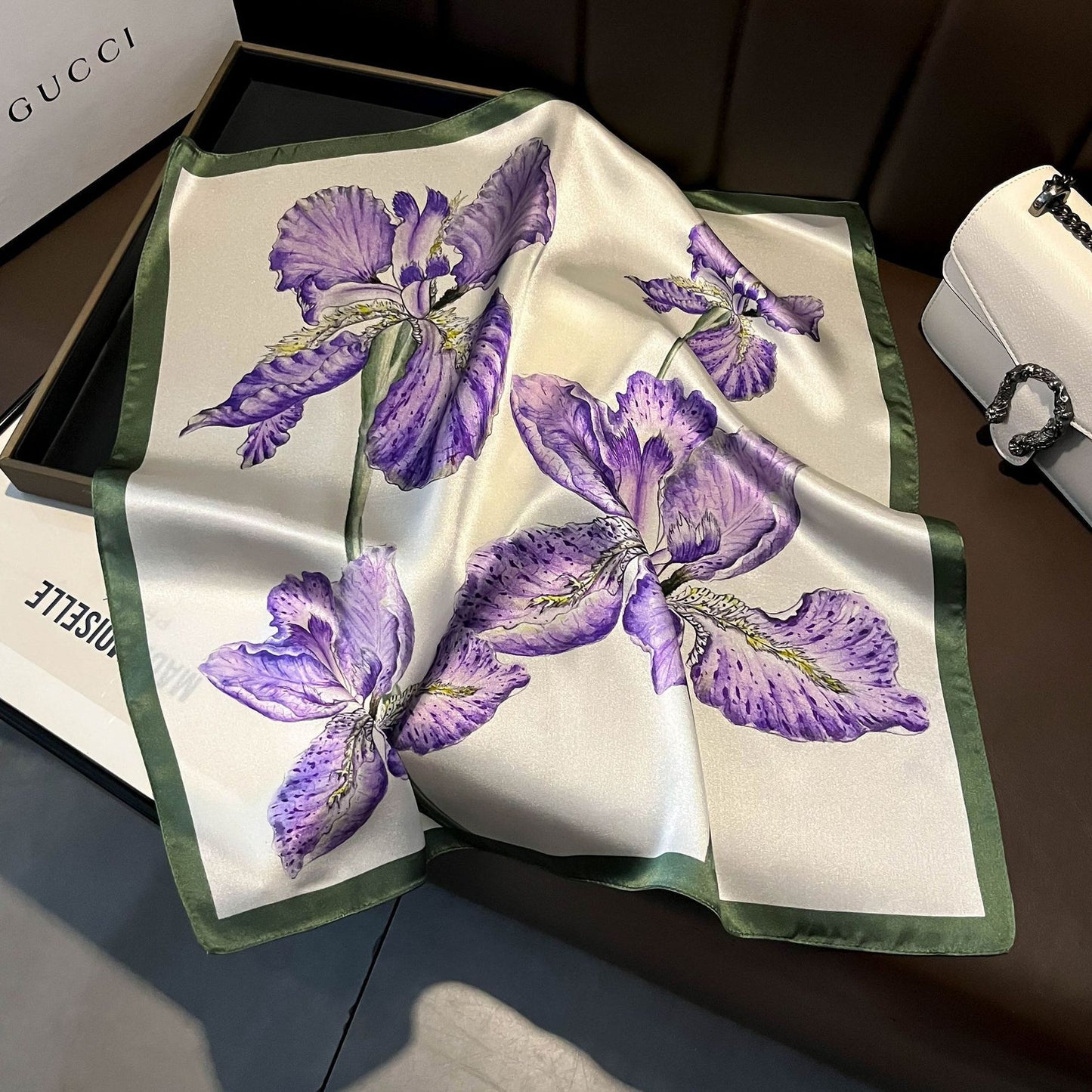 2025 autumn female cashew flower small square silk scarf / High-end neckband accessories & decoration