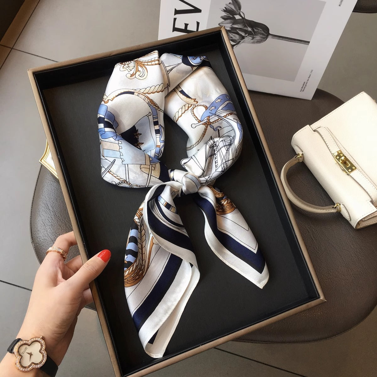 2025 autumn female cashew flower small square silk scarf / High-end neckband accessories & decoration