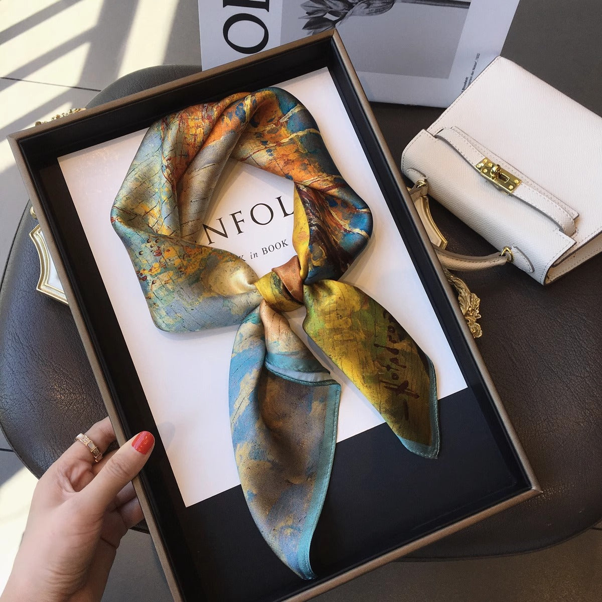 2025 autumn female cashew flower small square silk scarf / High-end neckband accessories & decoration