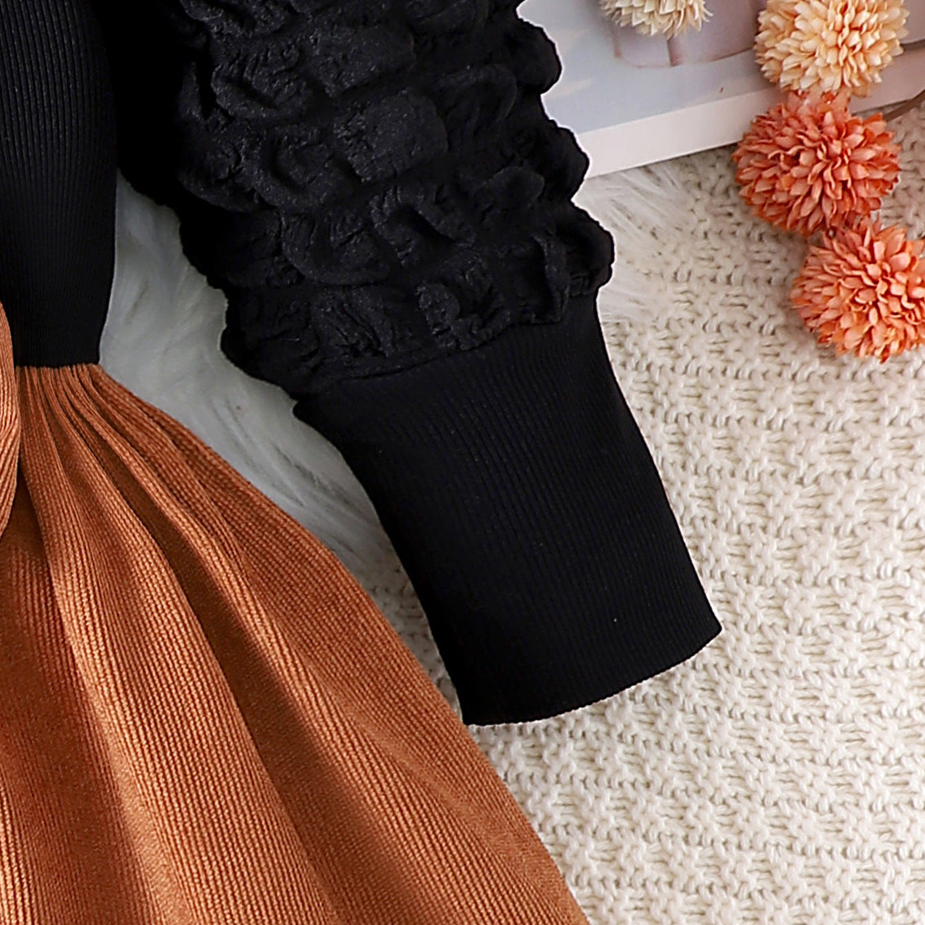 Robe automne/hiver pour filles, noire et café, manches bouffantes, nœud papillon et chapeau inclus