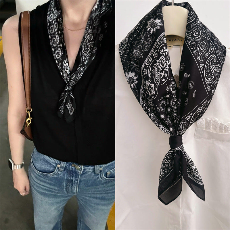 2025 autumn female cashew flower small square silk scarf / High-end neckband accessories & decoration