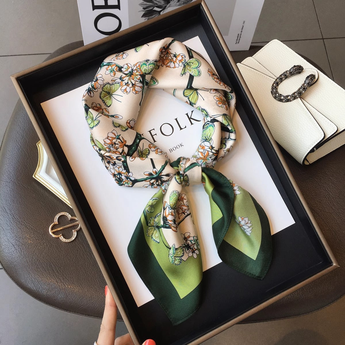 2025 autumn female cashew flower small square silk scarf / High-end neckband accessories & decoration