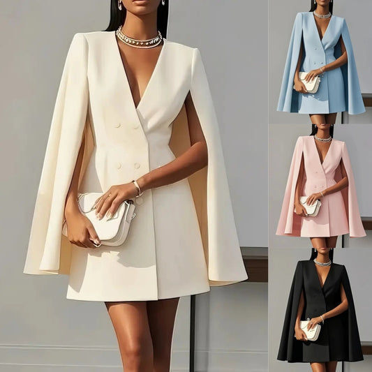 👗Pendler-Anzugkleid – einfarbig, zweireihig, mit Schalkragen und Cape-Design