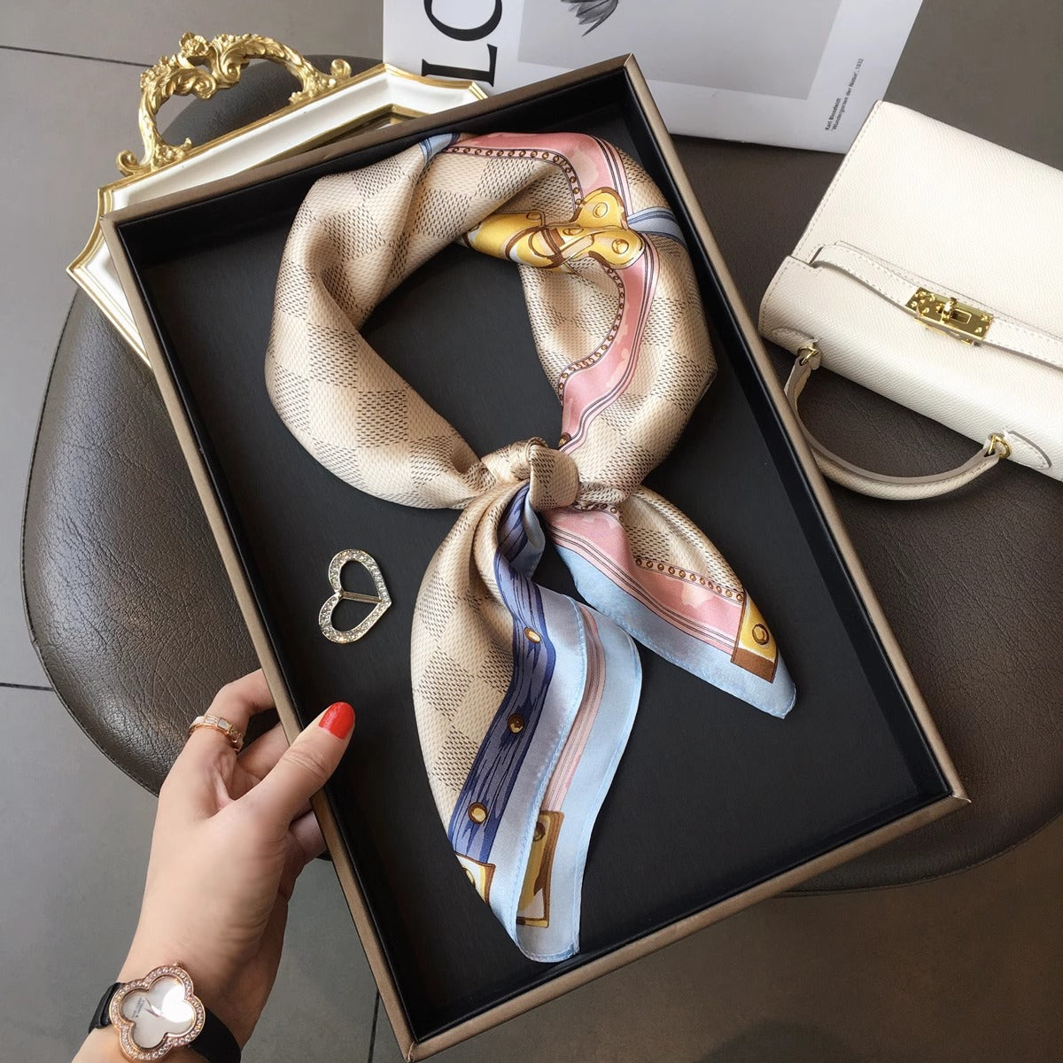 2025 autumn female cashew flower small square silk scarf / High-end neckband accessories & decoration