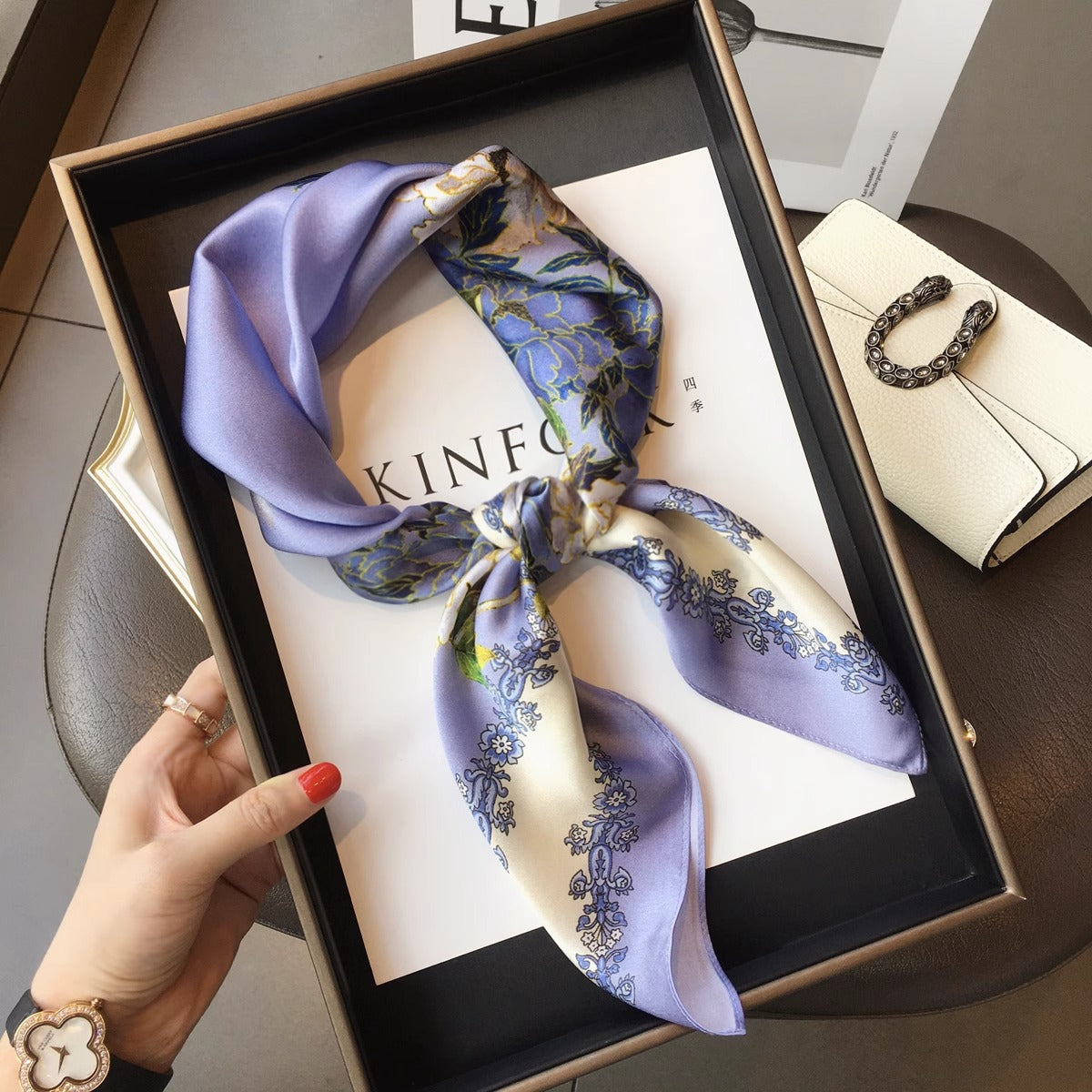 2025 autumn female cashew flower small square silk scarf / High-end neckband accessories & decoration