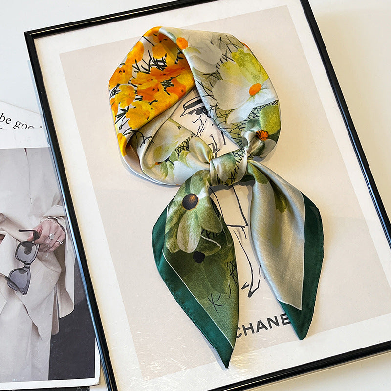 2025 autumn female cashew flower small square silk scarf / High-end neckband accessories & decoration