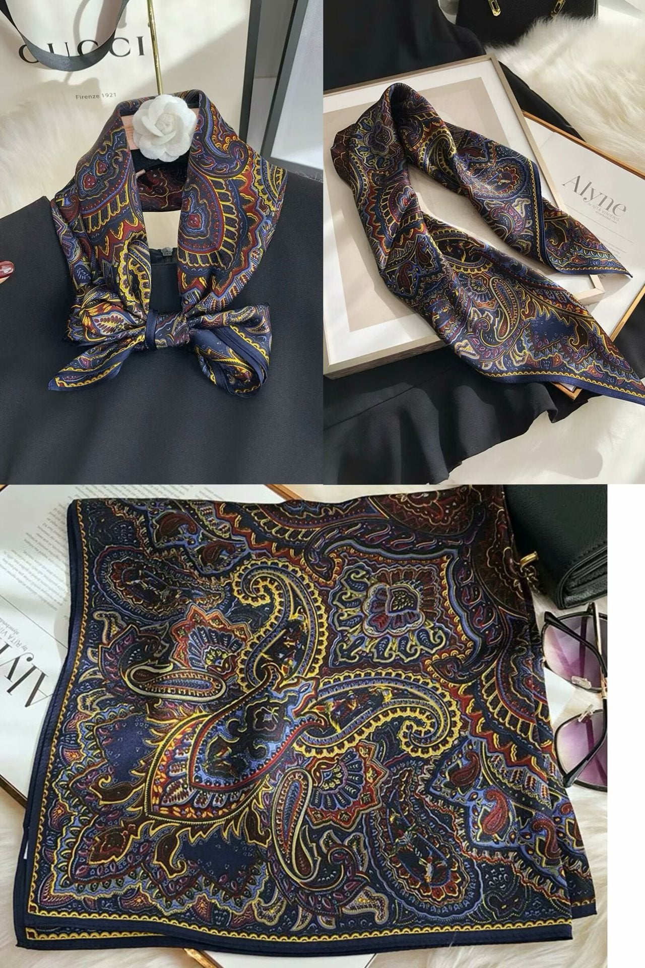 2025 autumn female cashew flower small square silk scarf / High-end neckband accessories & decoration