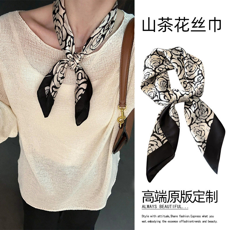 2025 autumn female cashew flower small square silk scarf / High-end neckband accessories & decoration