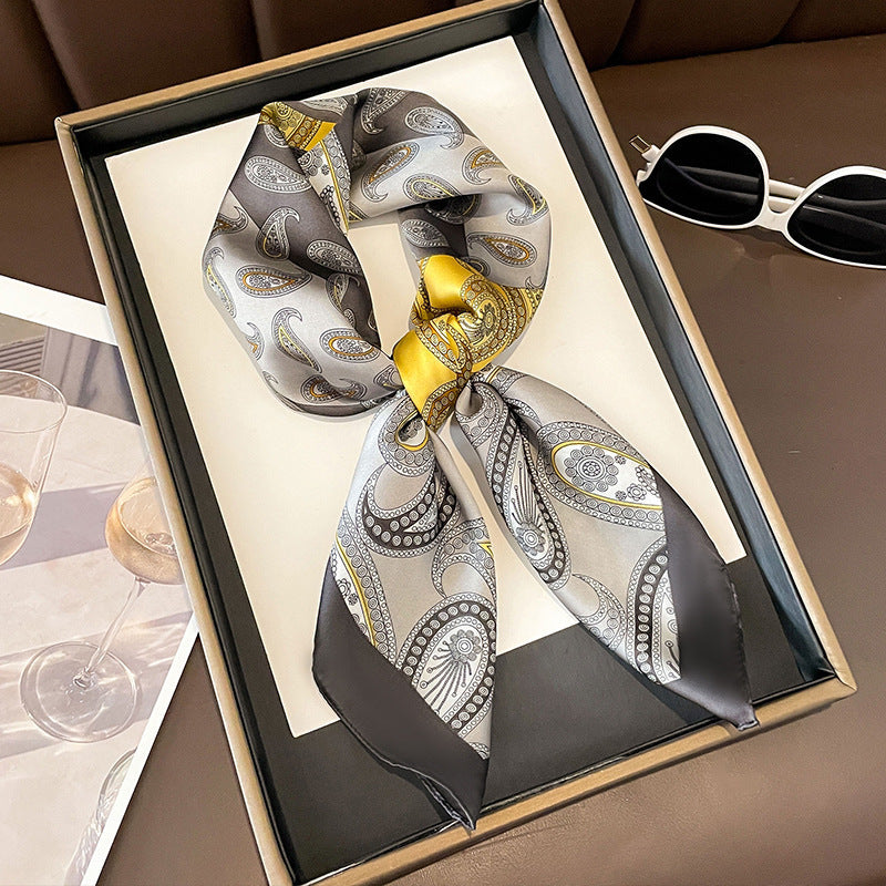 2025 autumn female cashew flower small square silk scarf / High-end neckband accessories & decoration