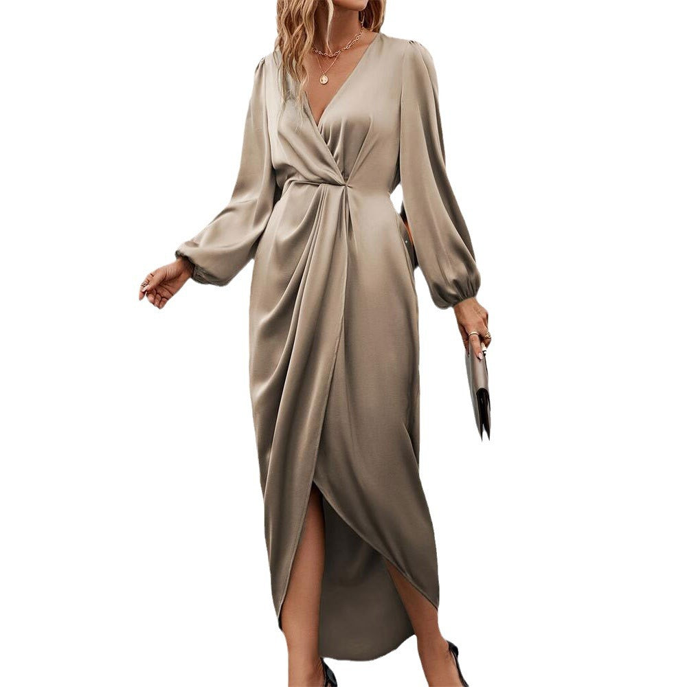 👗Robe longue élégante à col croisé, plissée, fendue et à manches bouffantes