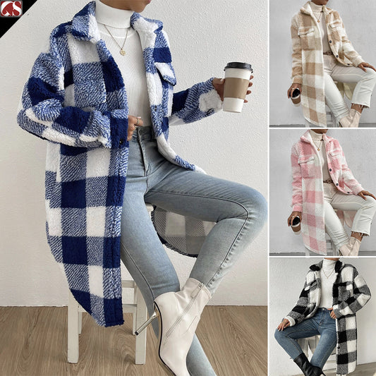 Women’s Autumn / Winter Plaid Plush Lapel Coat – Button‑Down Long Jacket