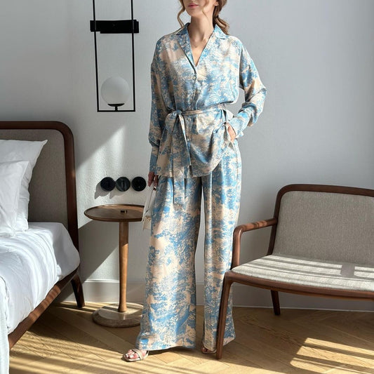 👗Französisch inspirierte bedruckte Wickelbluse und weite Hose Set