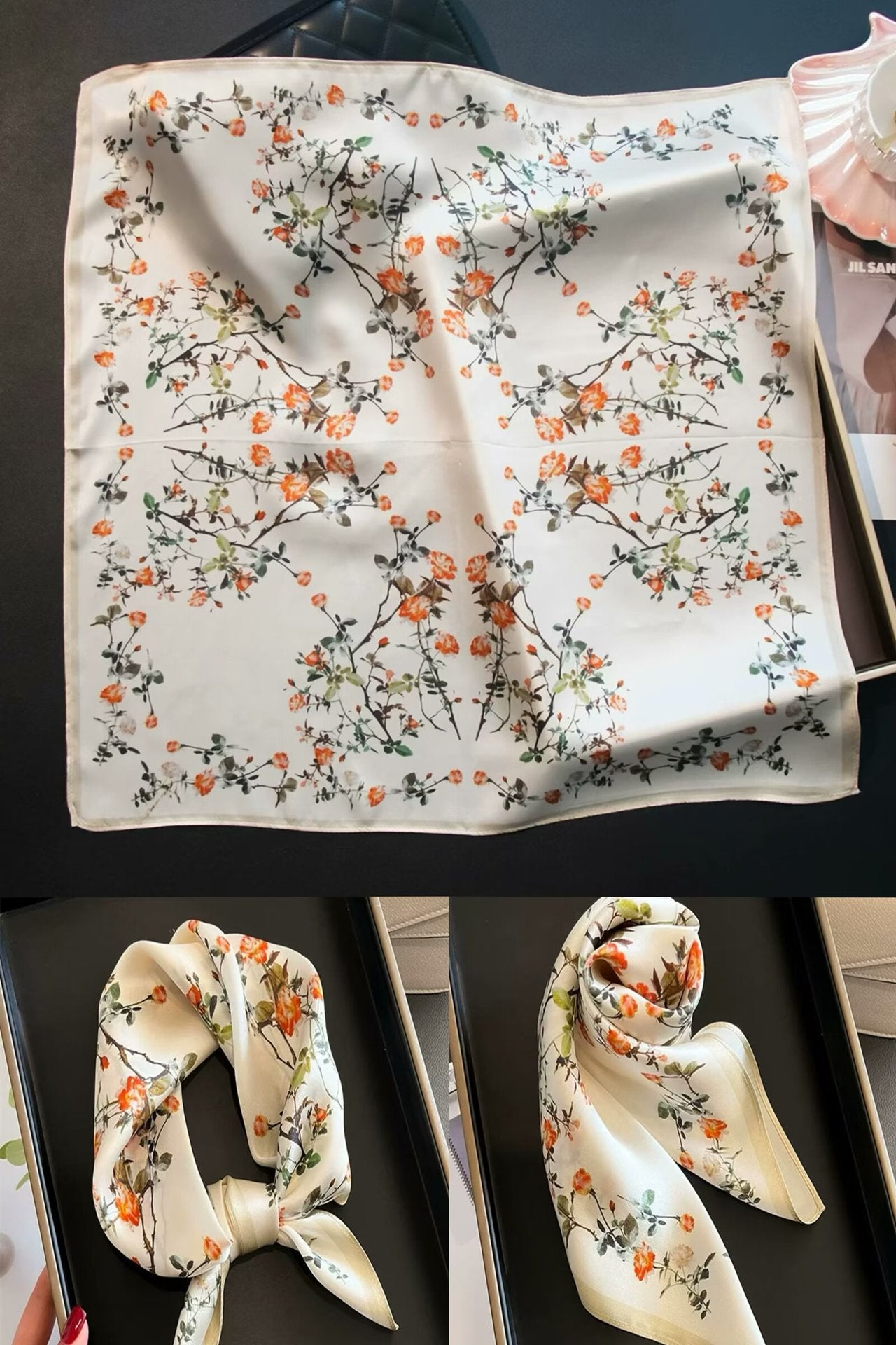 2025 autumn female cashew flower small square silk scarf / High-end neckband accessories & decoration
