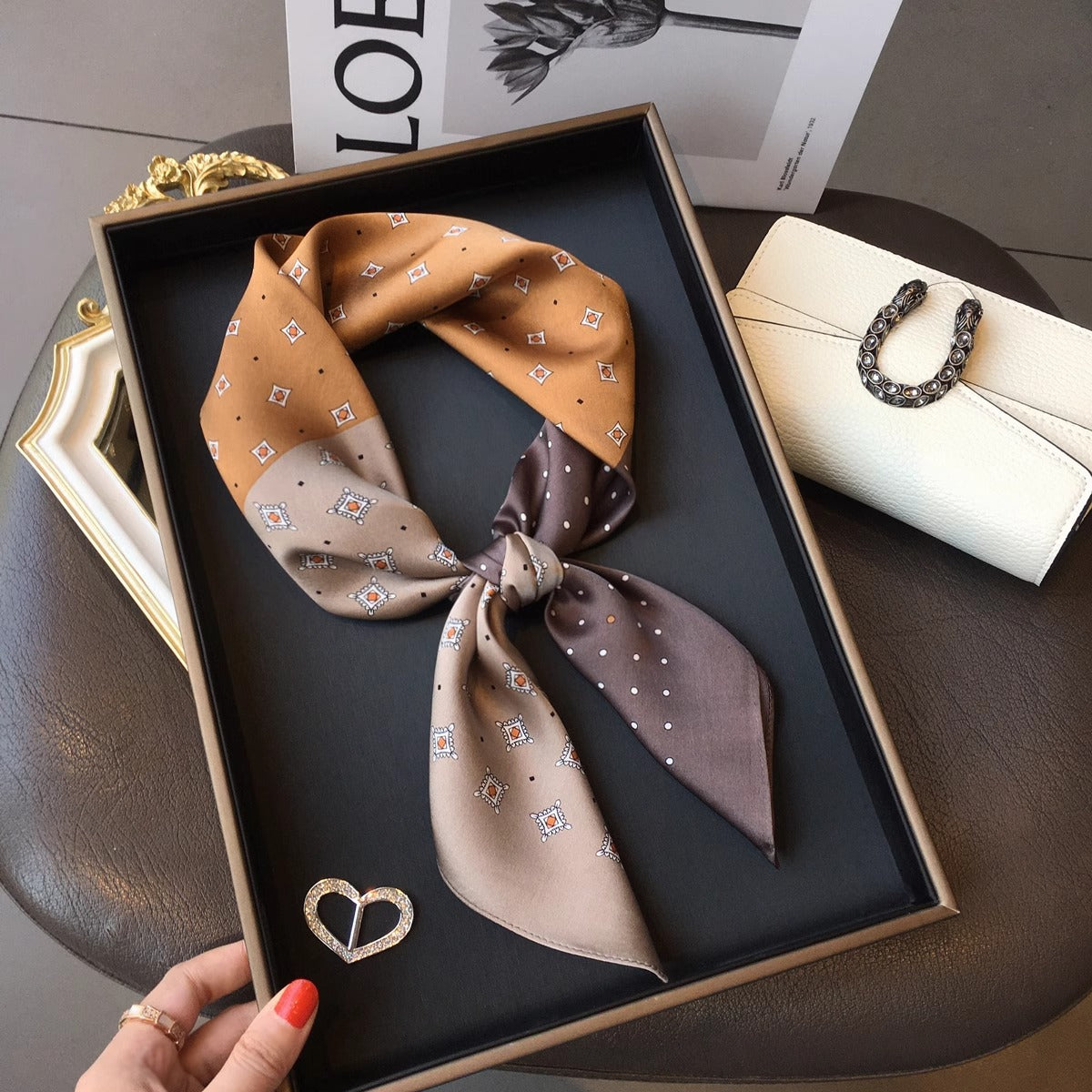 2025 autumn female cashew flower small square silk scarf / High-end neckband accessories & decoration