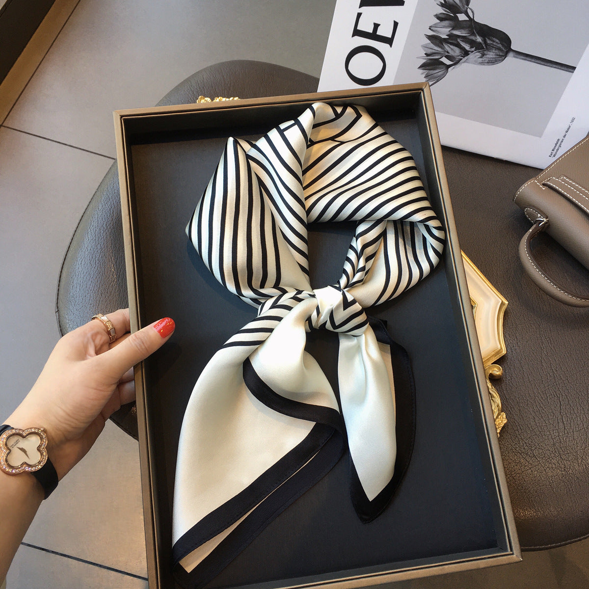 2025 autumn female cashew flower small square silk scarf / High-end neckband accessories & decoration