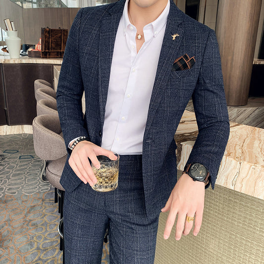 👔 Men’s Plaid Slim Suit – Korean & British Style, Two‑Piece Casual Elegance