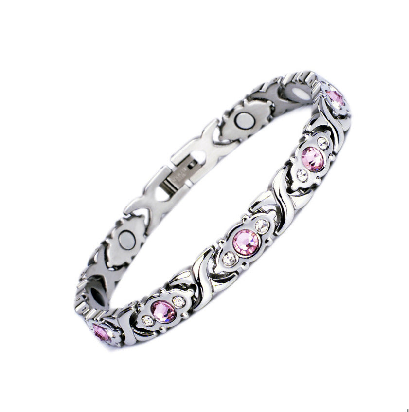 Fashion ladies stainless steel diamond-encrusted crystal germanium stone health magnet bracelet titanium steel magnetic bracelet does not fade