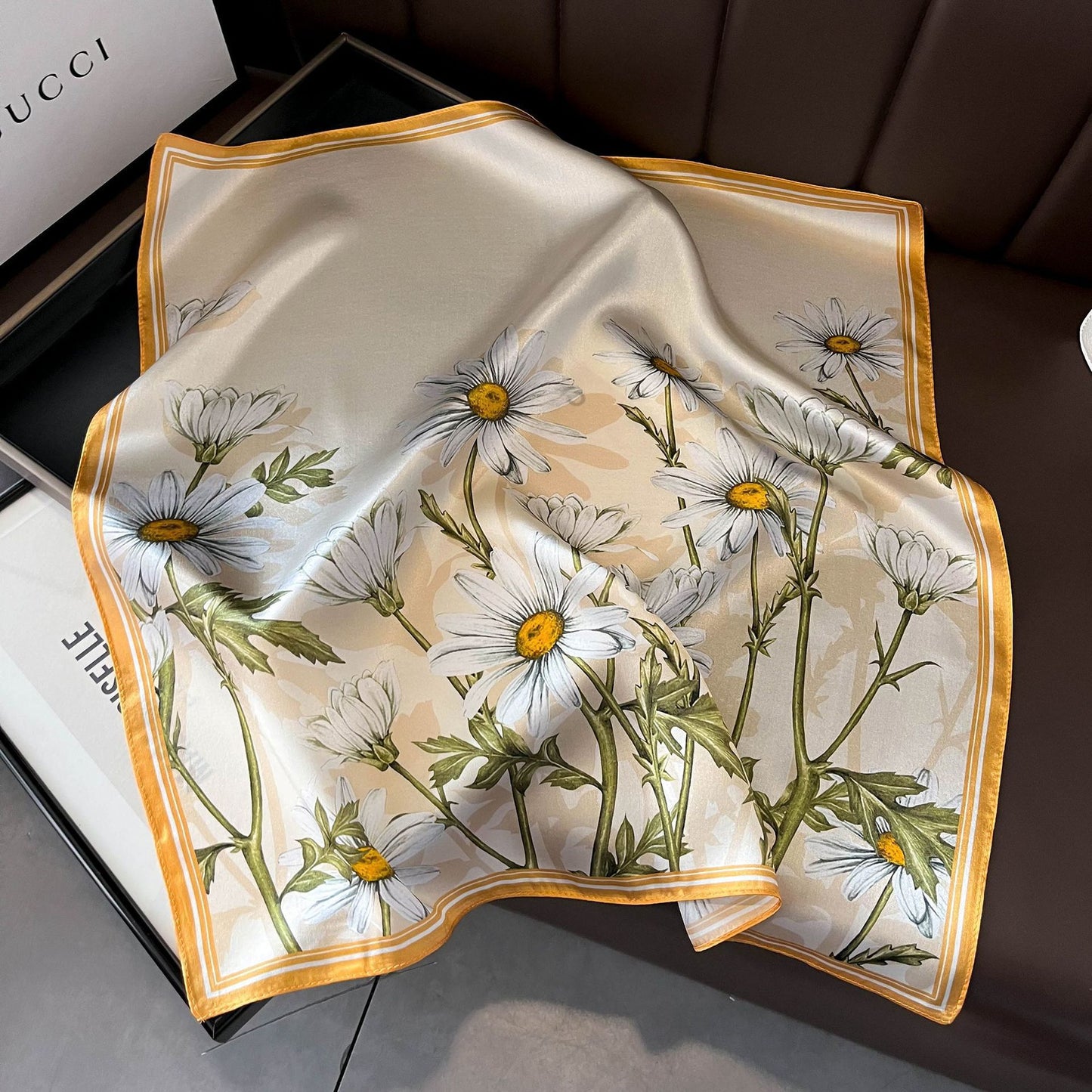 2025 autumn female cashew flower small square silk scarf / High-end neckband accessories & decoration