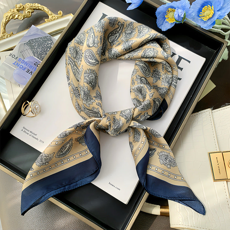 2025 autumn female cashew flower small square silk scarf / High-end neckband accessories & decoration
