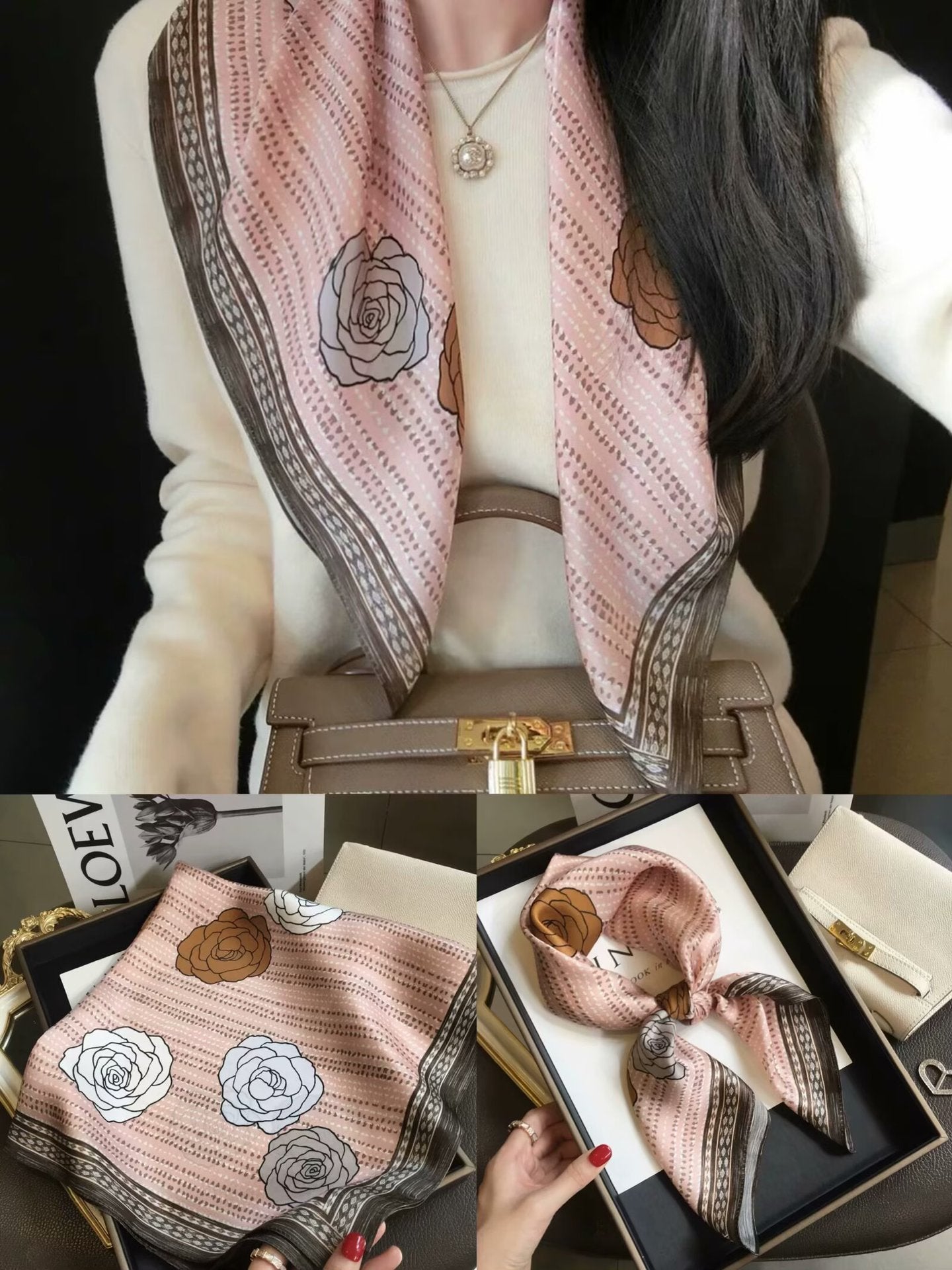 2025 autumn female cashew flower small square silk scarf / High-end neckband accessories & decoration