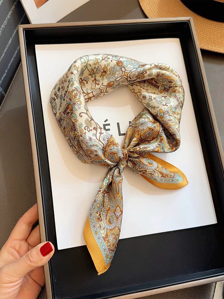 2025 autumn female cashew flower small square silk scarf / High-end neckband accessories & decoration