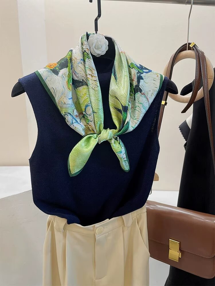 2025 autumn female cashew flower small square silk scarf / High-end neckband accessories & decoration