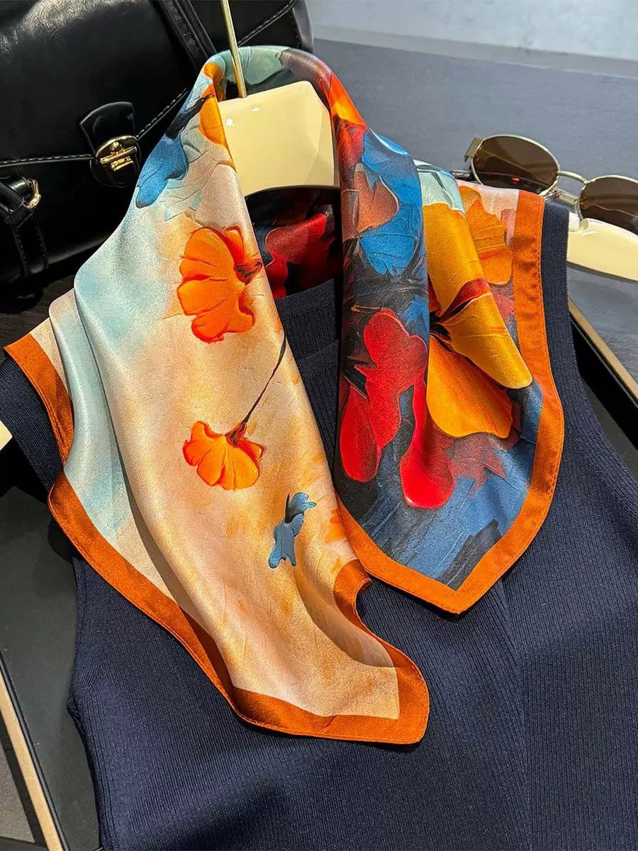 2025 autumn female cashew flower small square silk scarf / High-end neckband accessories & decoration