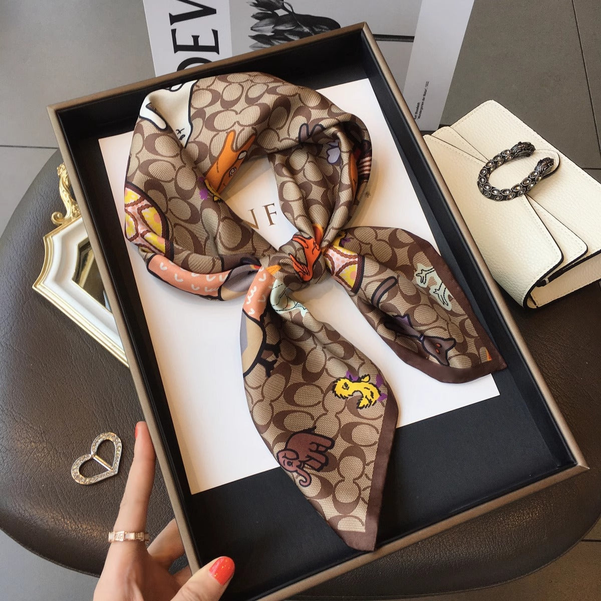 2025 autumn female cashew flower small square silk scarf / High-end neckband accessories & decoration