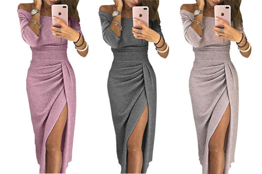 Women’s Sparkling One-Shoulder Slit Evening Dress