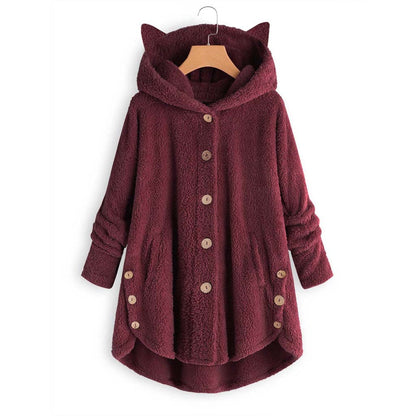 😺Women’s Cat Ear Hooded Plush Jacket – Solid Color, Irregular Hem