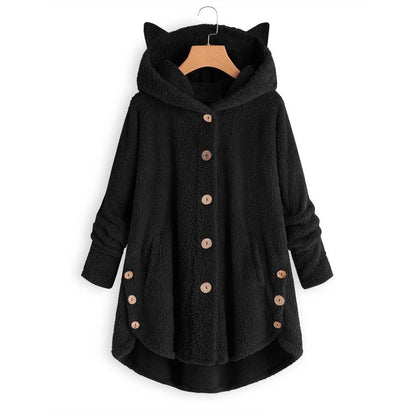 😺Women’s Cat Ear Hooded Plush Jacket – Solid Color, Irregular Hem