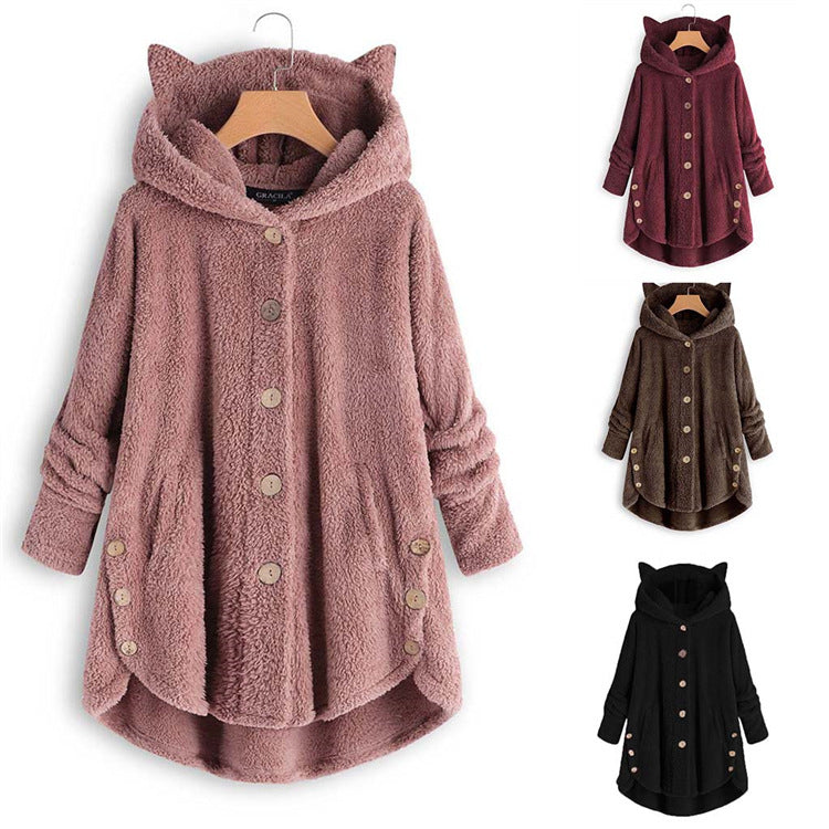 😺Women’s Cat Ear Hooded Plush Jacket – Solid Color, Irregular Hem