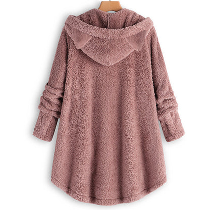 😺Women’s Cat Ear Hooded Plush Jacket – Solid Color, Irregular Hem