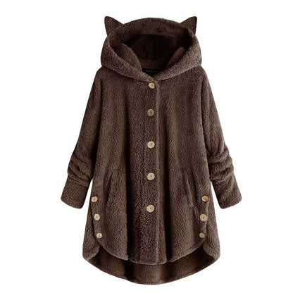 😺Women’s Cat Ear Hooded Plush Jacket – Solid Color, Irregular Hem